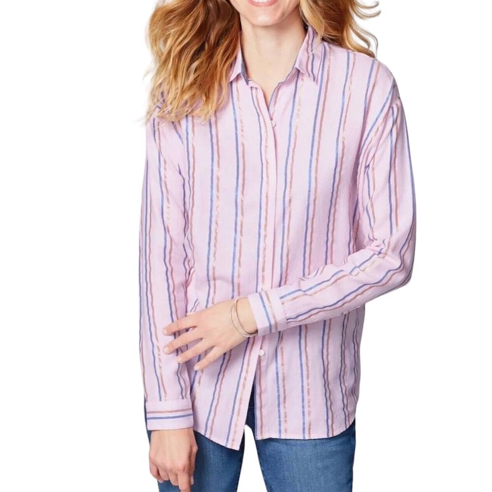 J. Jill Button Up Shirt Womens Size 3X Pink Metallic Stripe Lightweight Top‎